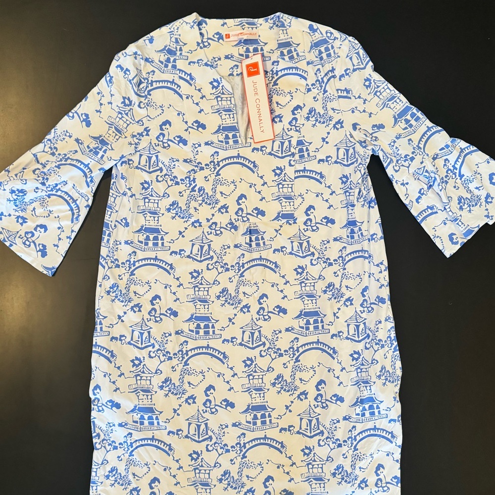 Jude Connally Megan Chinoiserie Print Split Round Neck 3/4 Sleeve A-Line Dress